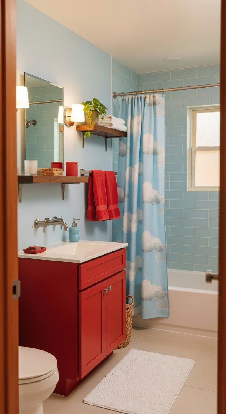 sky blue clouds red accents