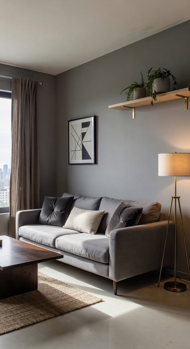 slate gray sofa brass accents
