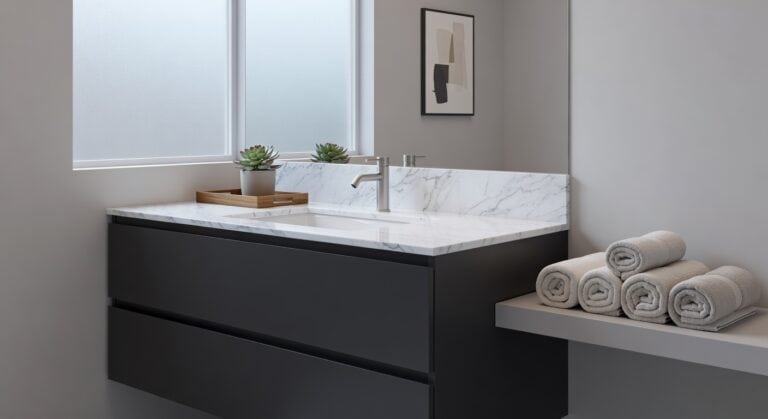 sleek charcoal bathroom vanity floats