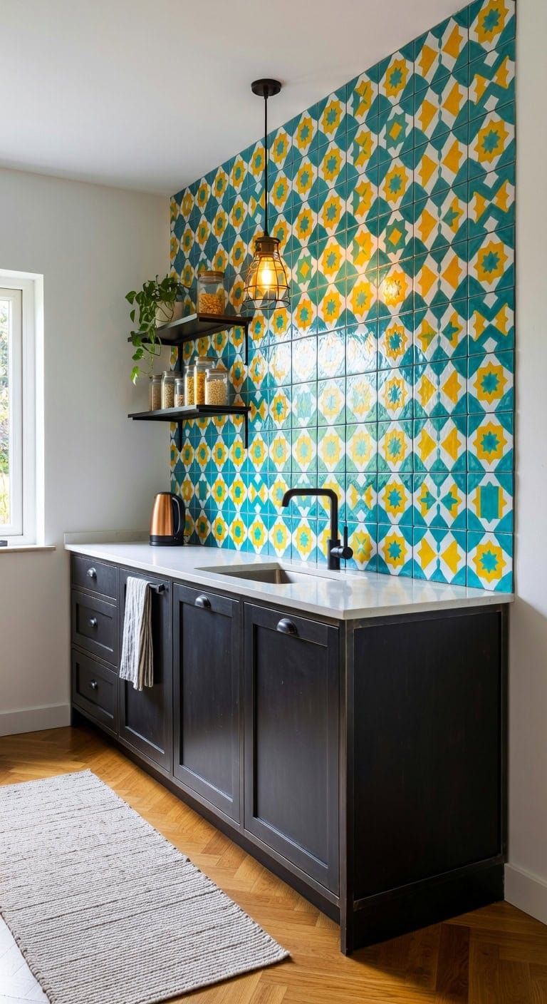 striking backsplash anchors kitchen design