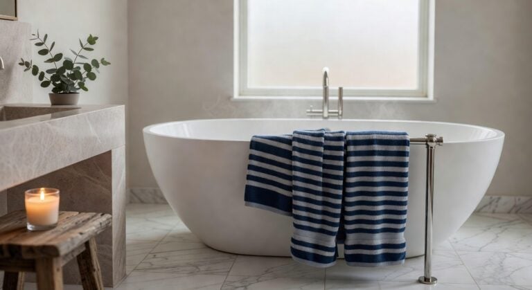 stylish navy gray striped bath towels