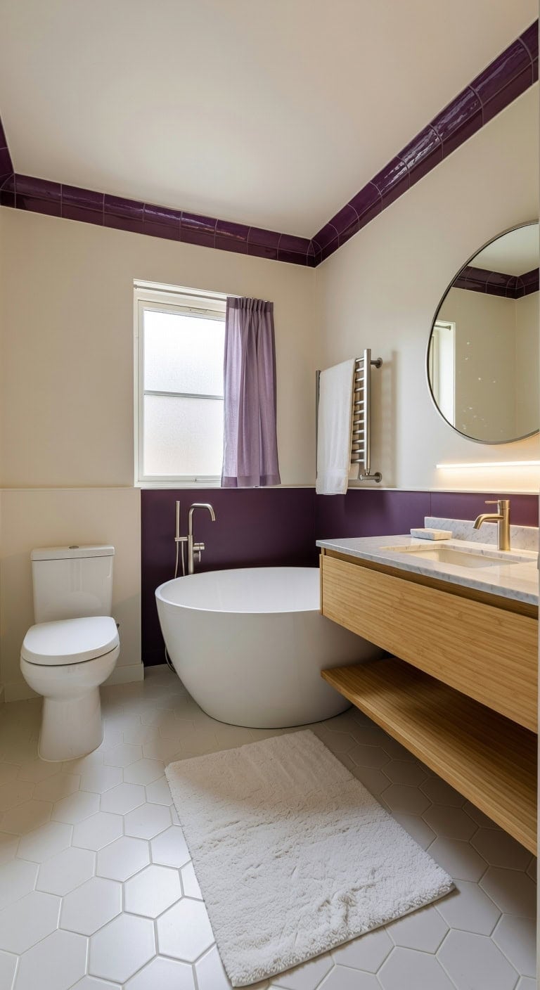 stylish serene bathroom with plum accents