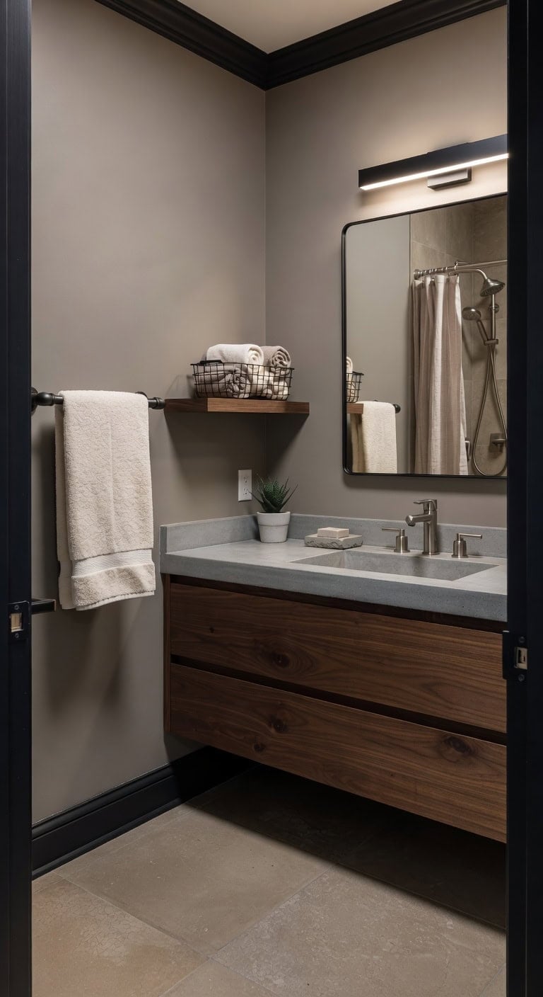 taupe industrial bathroom with accents