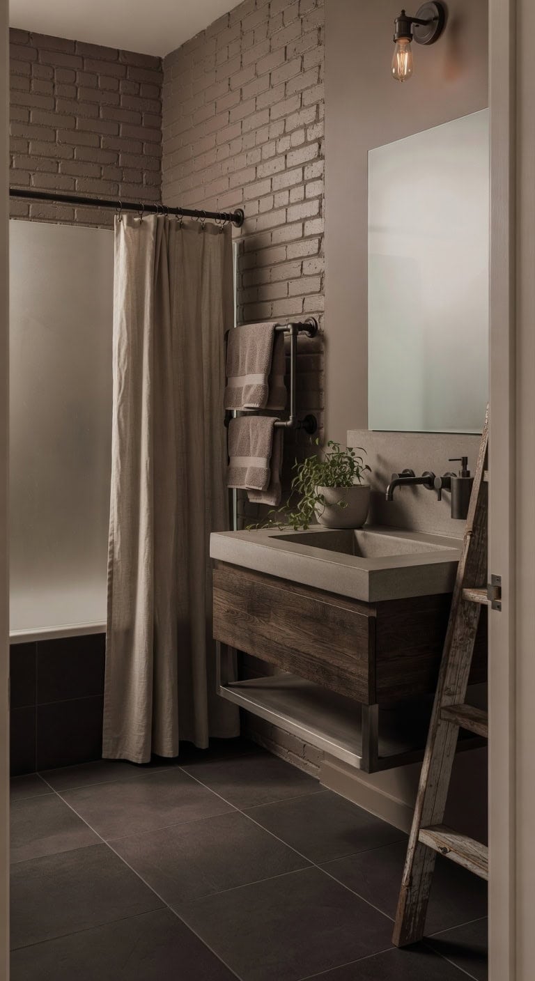 taupe industrial loft bathroom