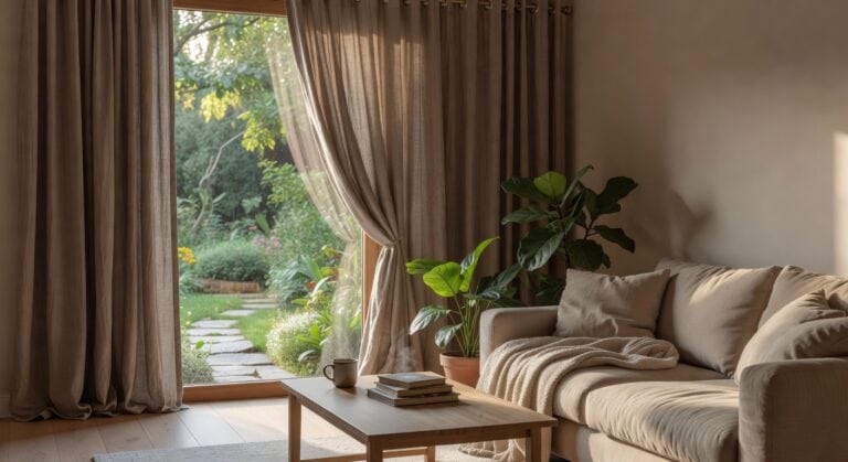 taupe linen curtains with brass grommets