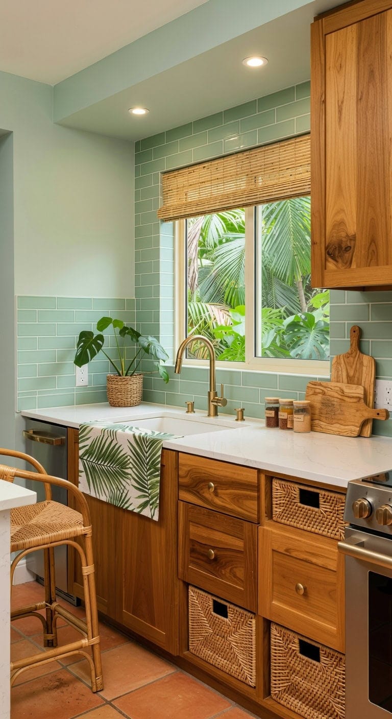 teak rattan palm print oasis