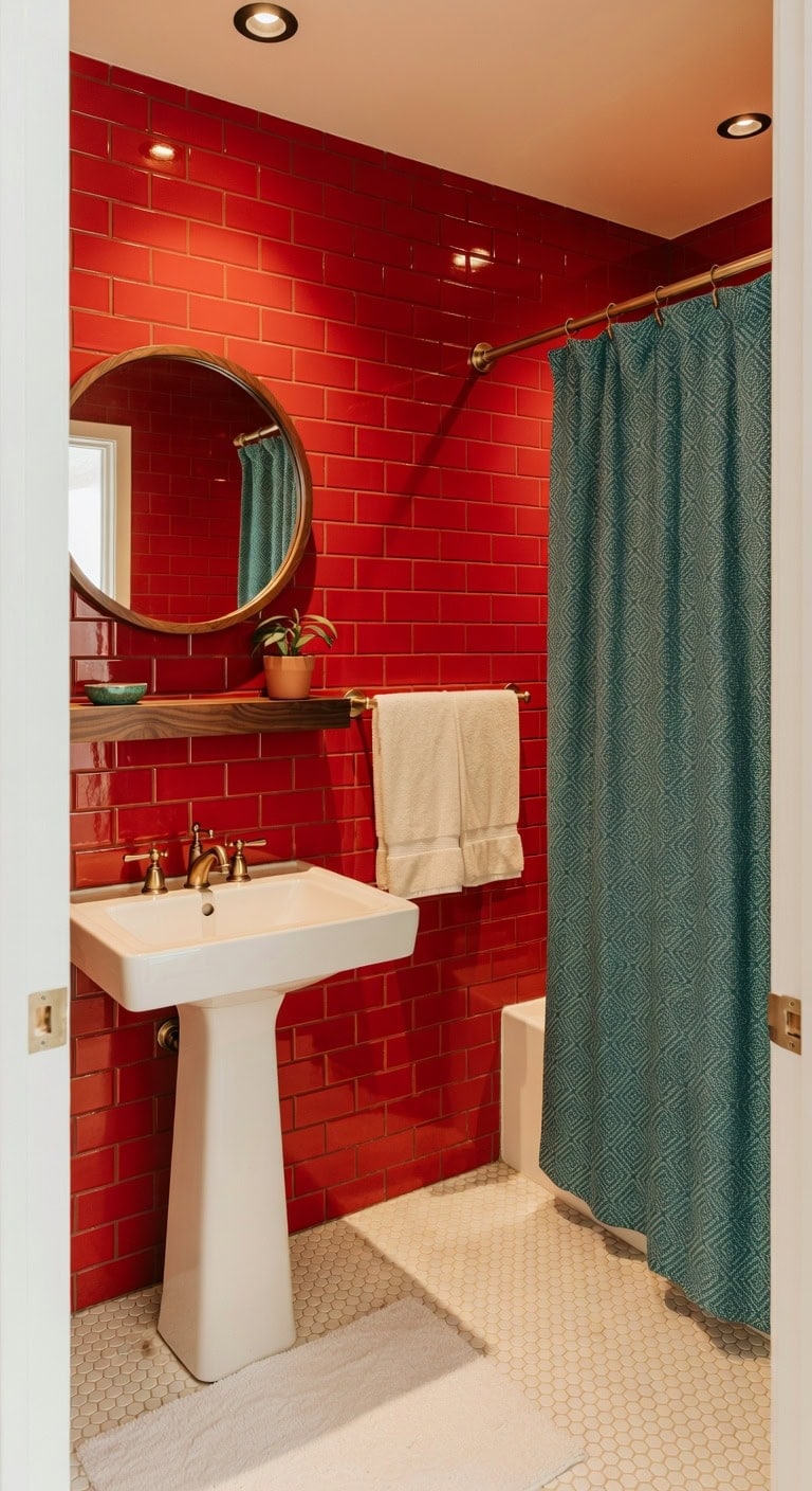 teal brass walnut bathroom