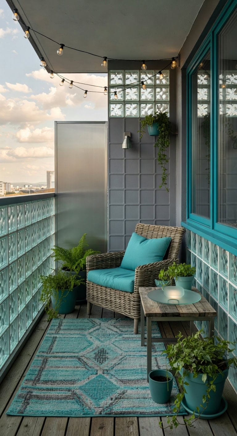 teal glass patterned balcony vignette