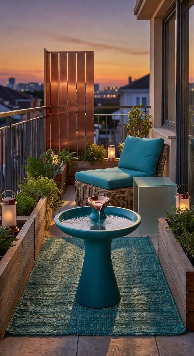 teal resin fountain balcony