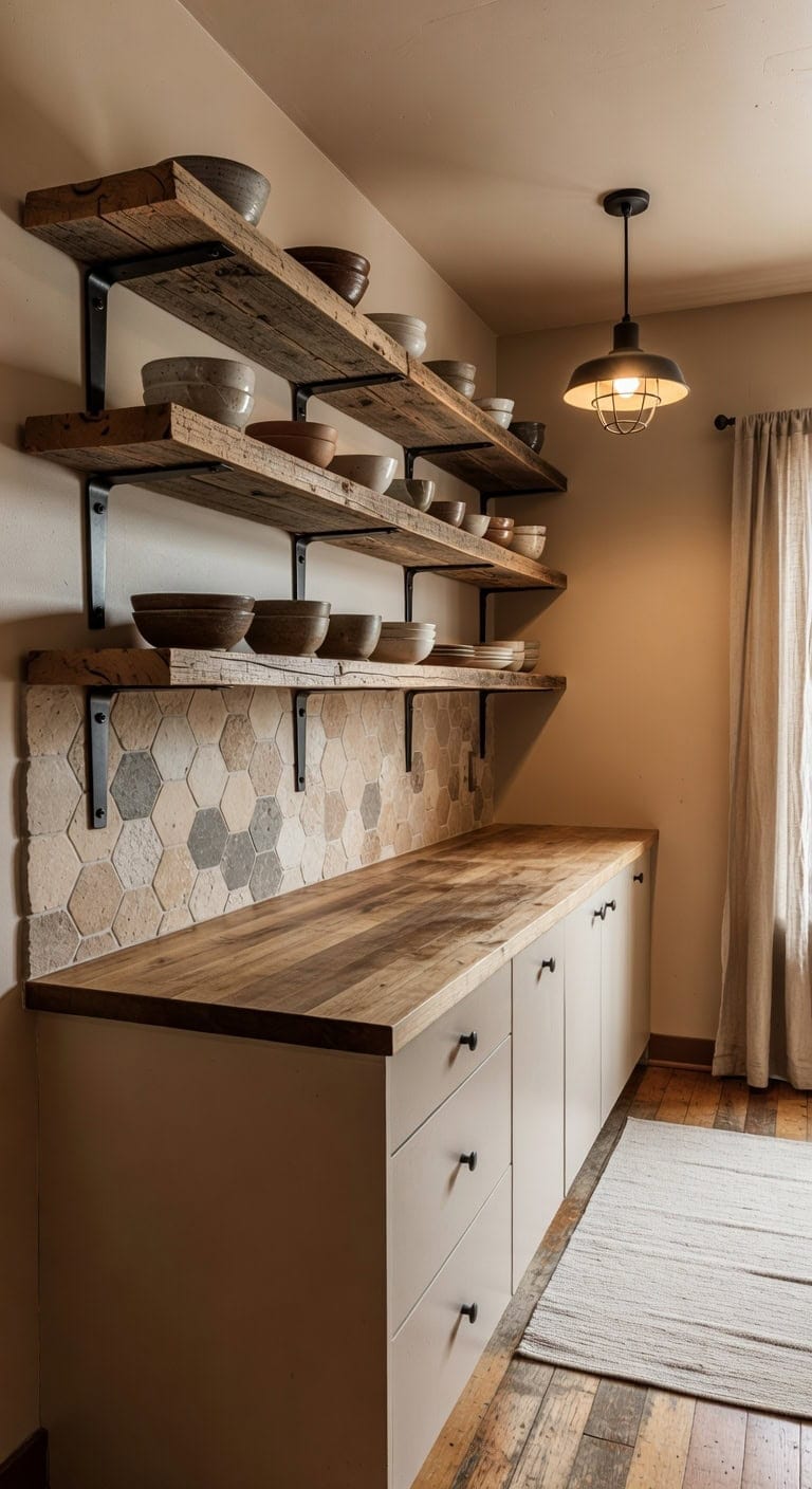 textured sturdy inviting open kitchen shelves