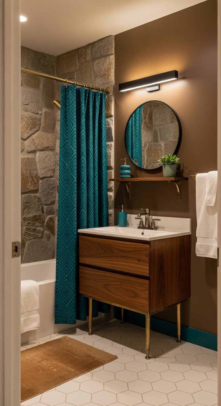 textured walnut teal retro bath