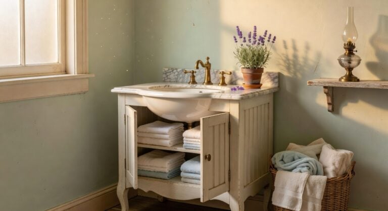 timeless antique white beadboard vanity cabinets