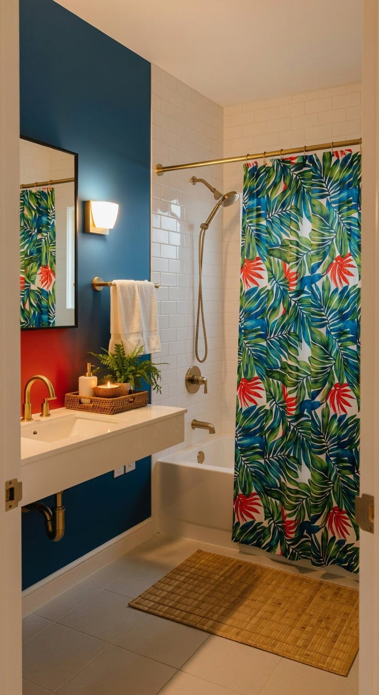 tropical blue red bathroom retreat