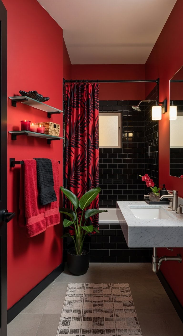 tropical red and black bathroom