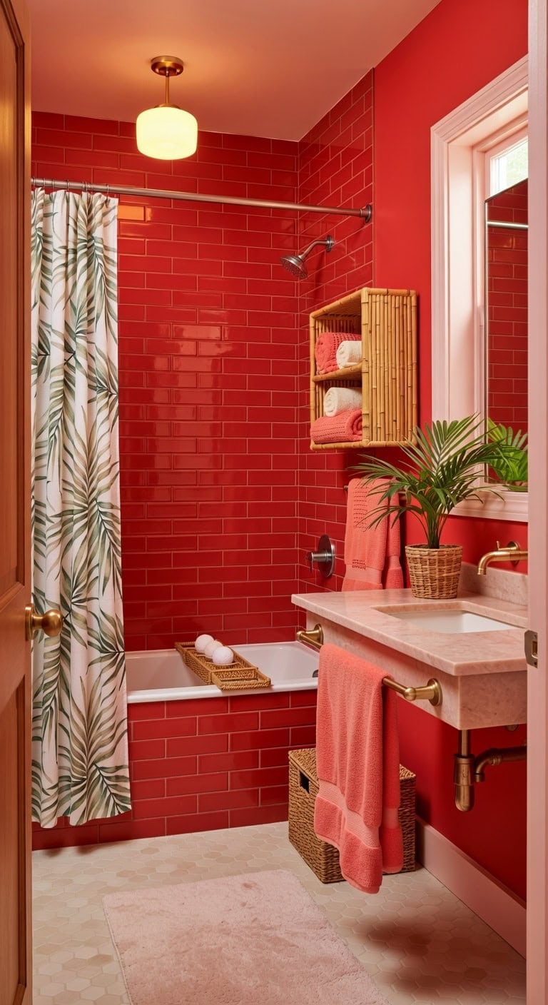 tropical red and pinkbathroom