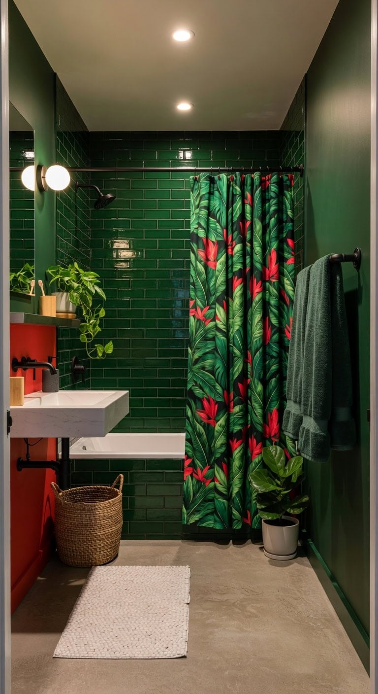 urban jungle green red bathroom