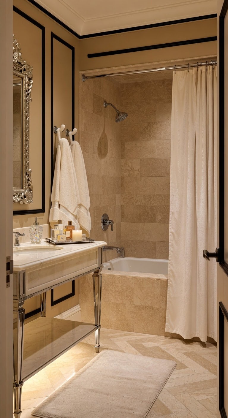 velvet lined glamorous beige bathroom