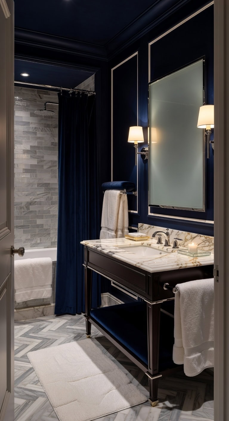 velvet navy luxe bathroom