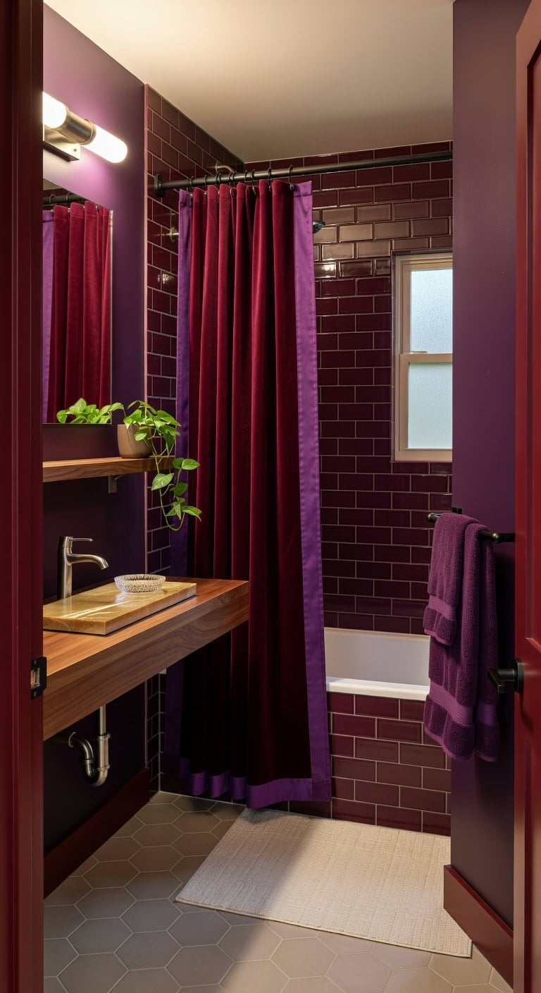 velvet trimmed regal purple bathroom