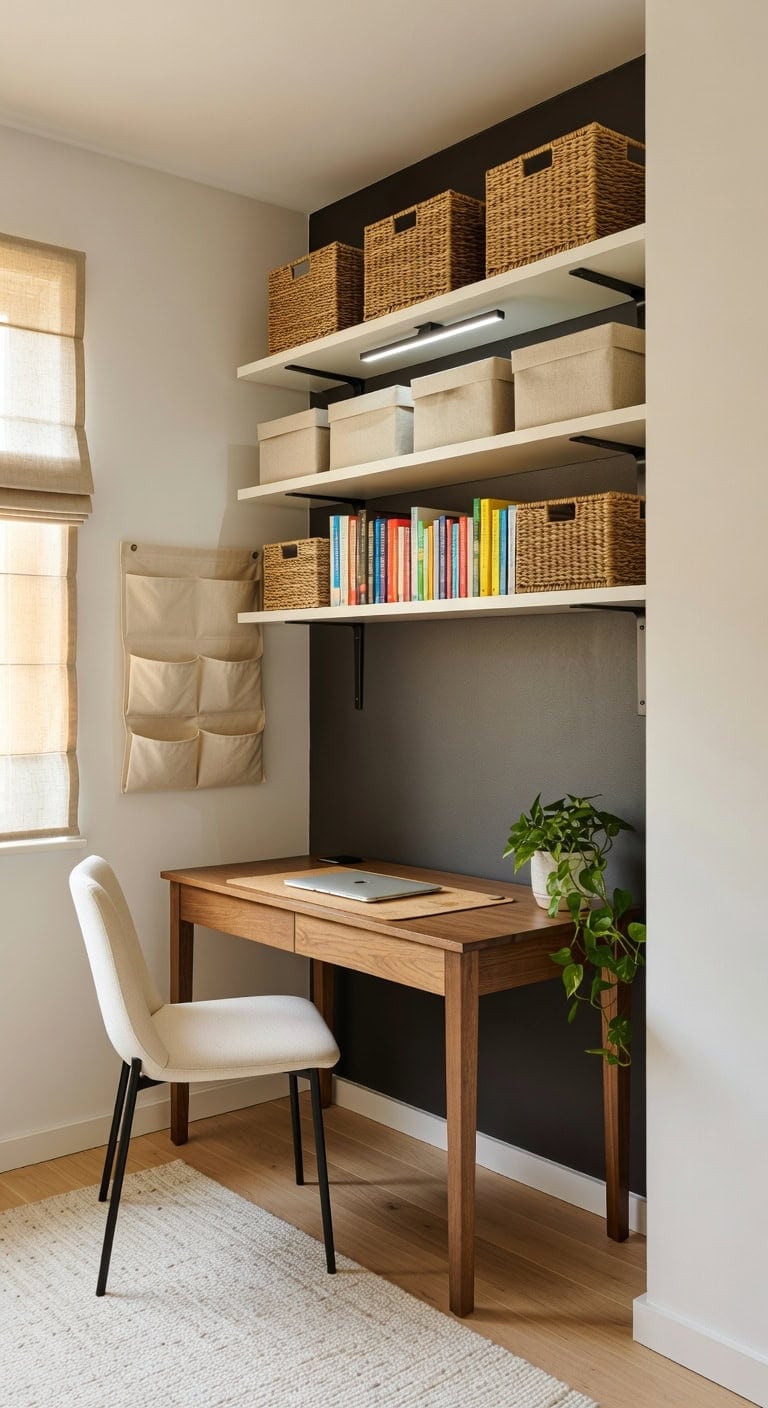 vertical shelving creates airy workspace