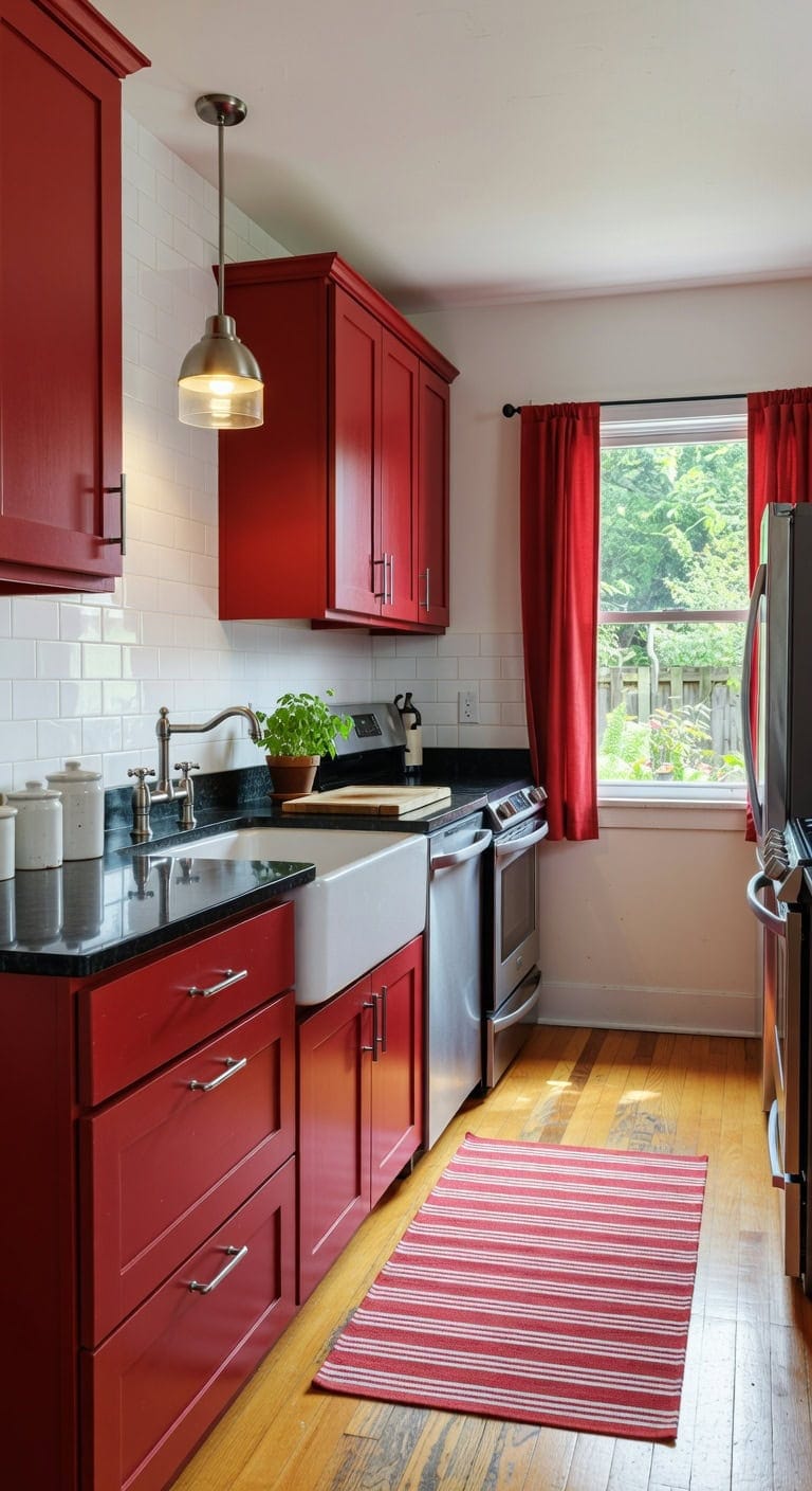 vibrant red white kitchen