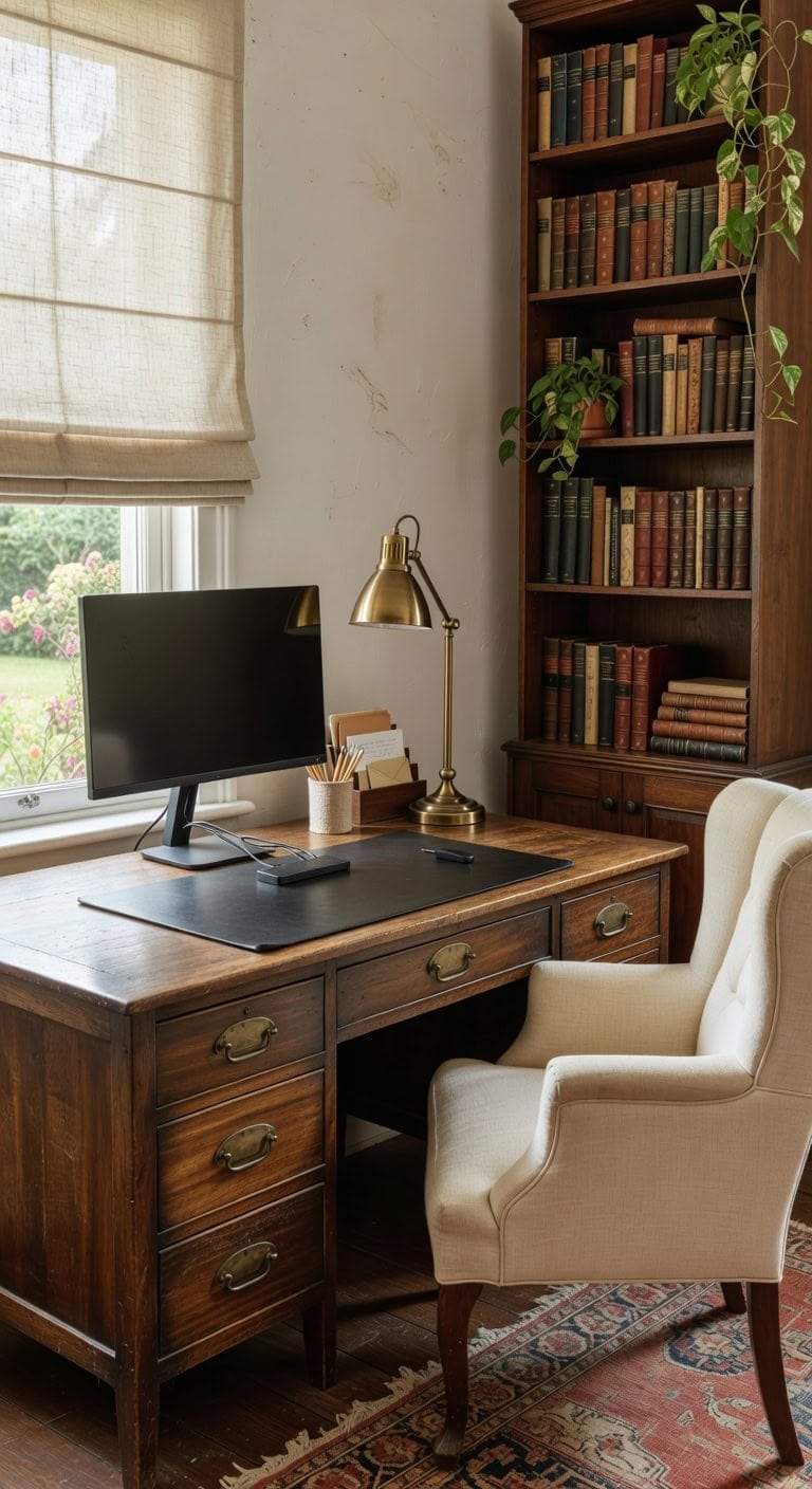 vintage desk with tech upgrades