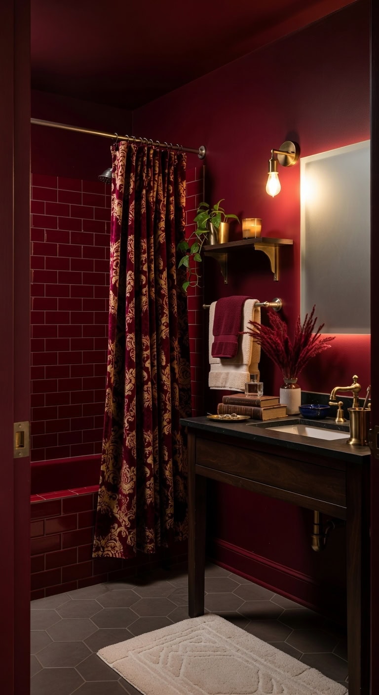 vintage glam burgundy blue bathroom