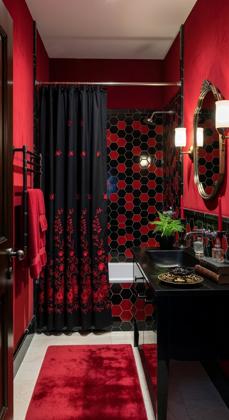 vintage glam red black bathroom