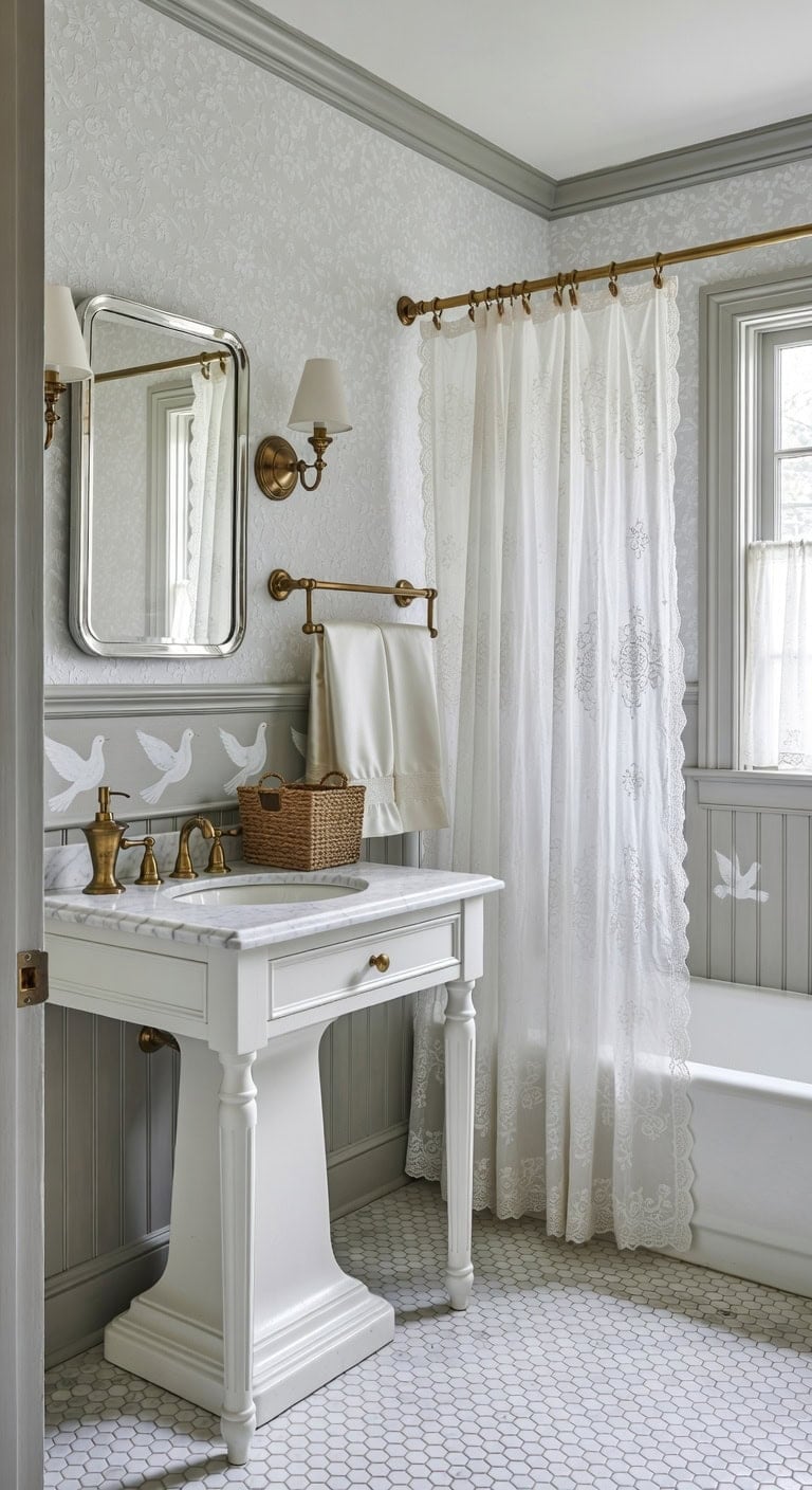 vintage white floral bathroom