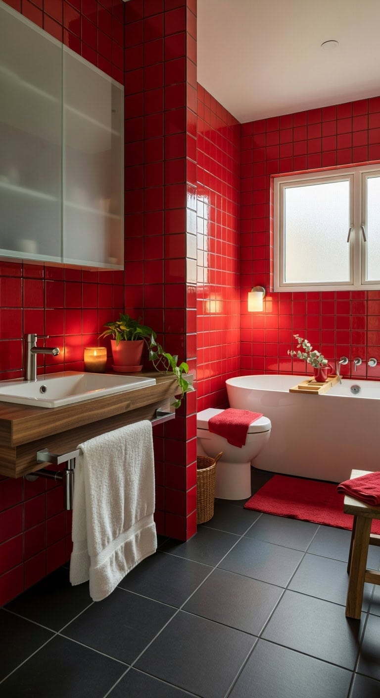 vivid dramatic layered inviting bathroom backsplash