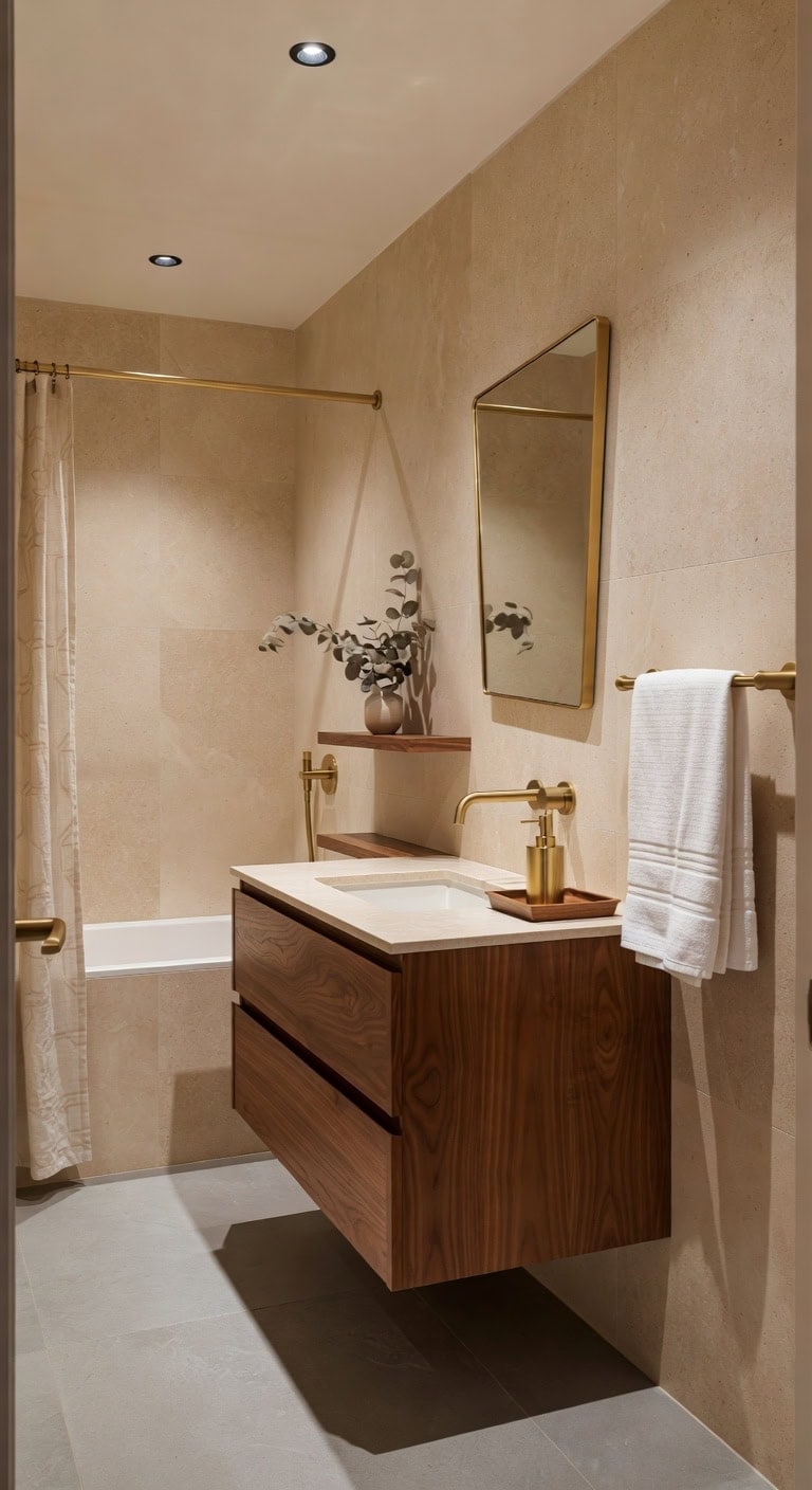 walnut brass midcentury bathroom