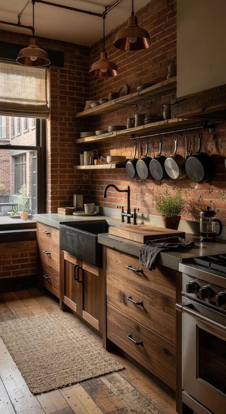 walnut industrial brick kitchen