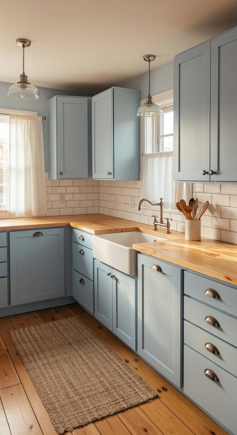 warm cottage kitchen with blue cabinets
