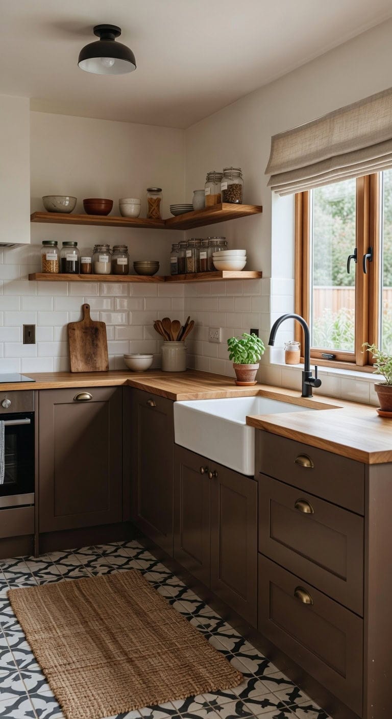 warm mocha cabinets bold patterned floor