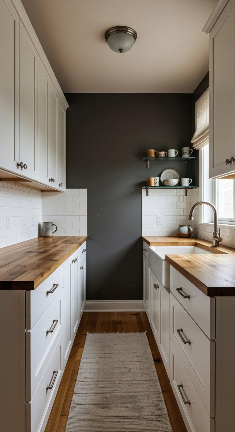 warm open contrasted galley optimized kitchen