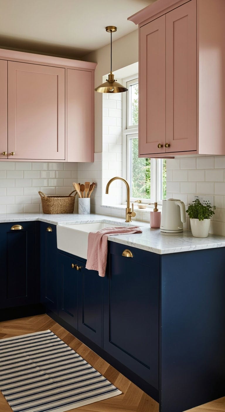 warm playful grounded two tone kitchen cabinets
