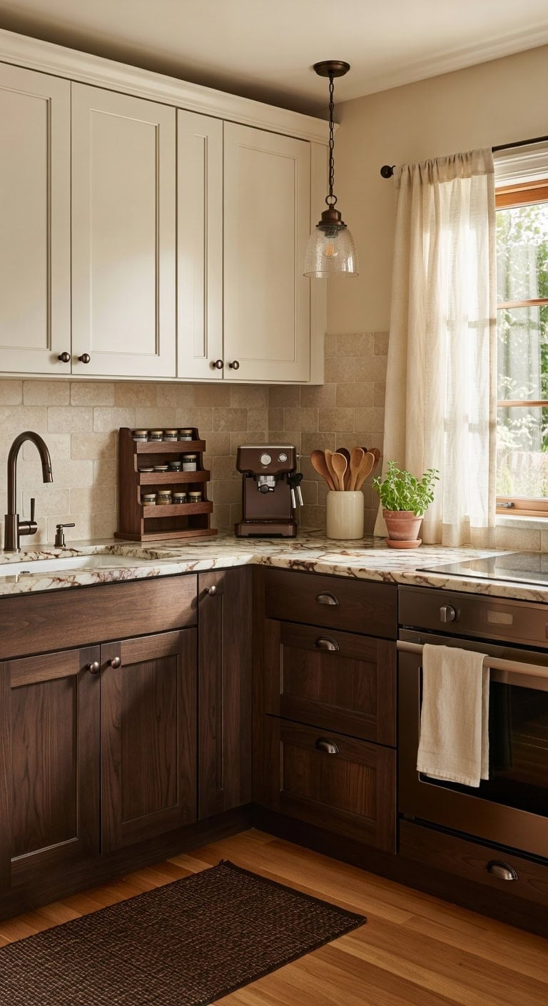 warm polished contrasting kitchen cabinet tones
