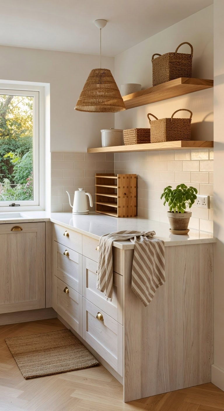 warm textured functional peninsula kitchen