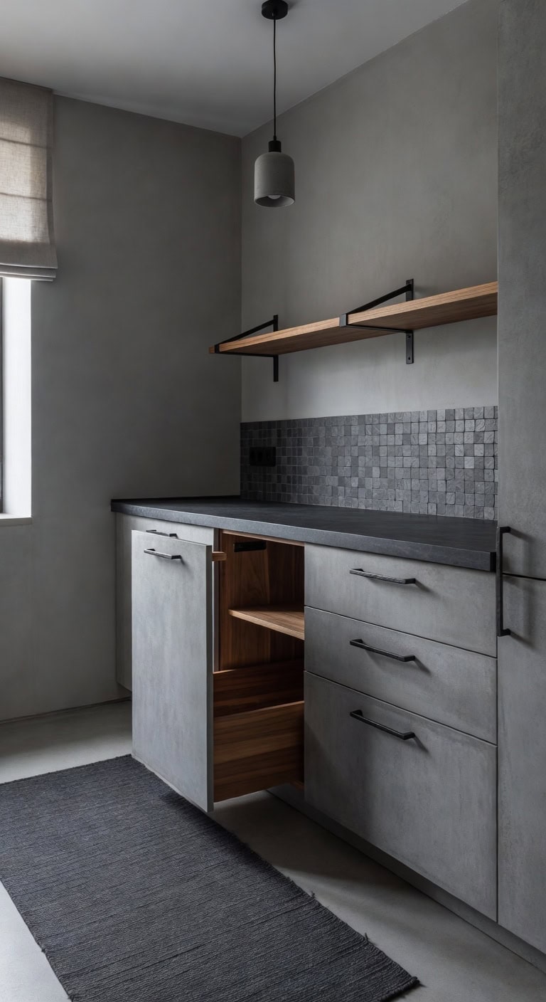 warm walnut concrete kitchen cabinets