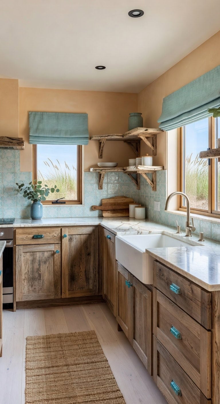 weathered oak sea glass kitchen