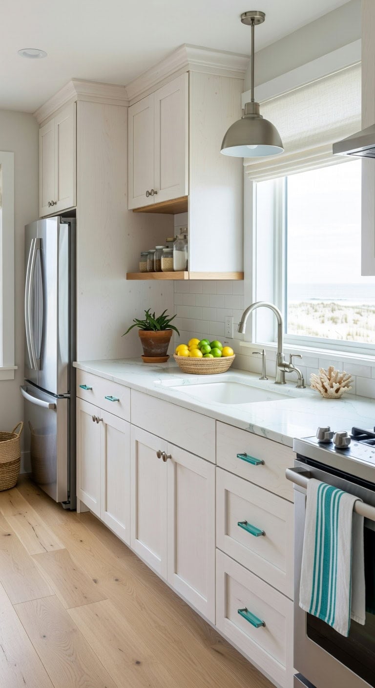 white washed coastal kitchen accents