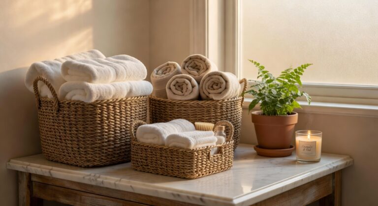 woven seagrass bathroom storage baskets
