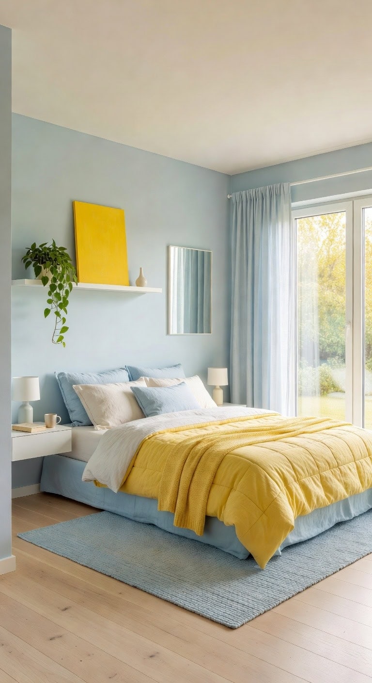 airy blue yellow minimalist bedroom