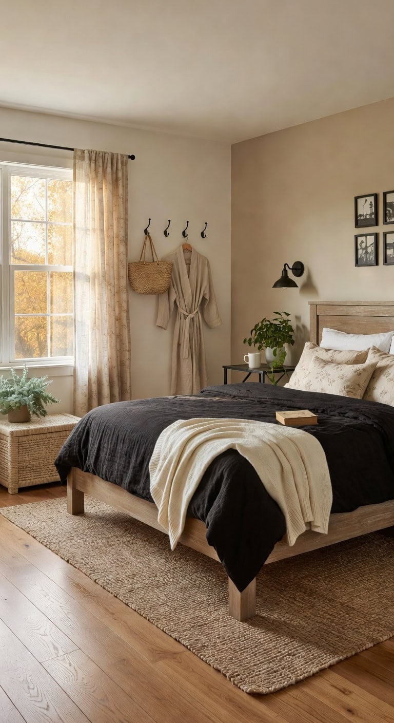 beige curtains black hooks