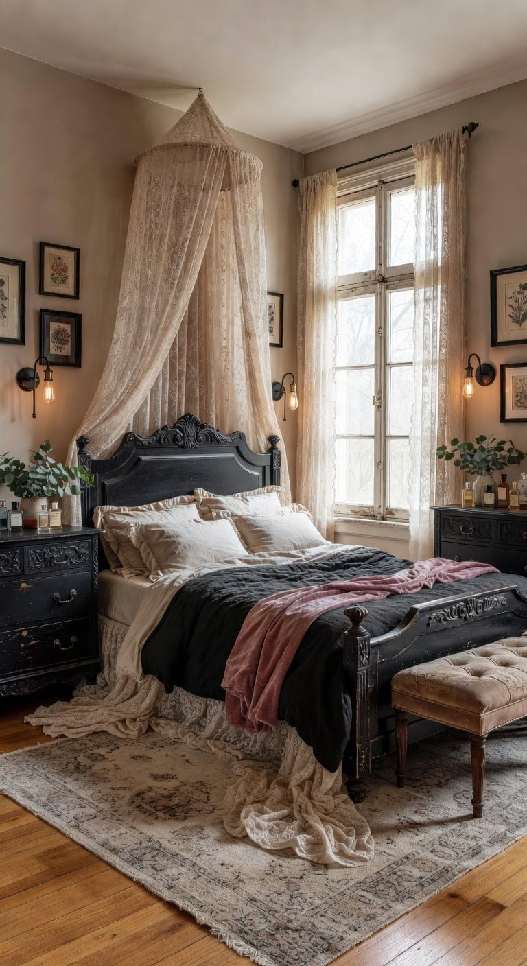 beige lace canopy bedroom