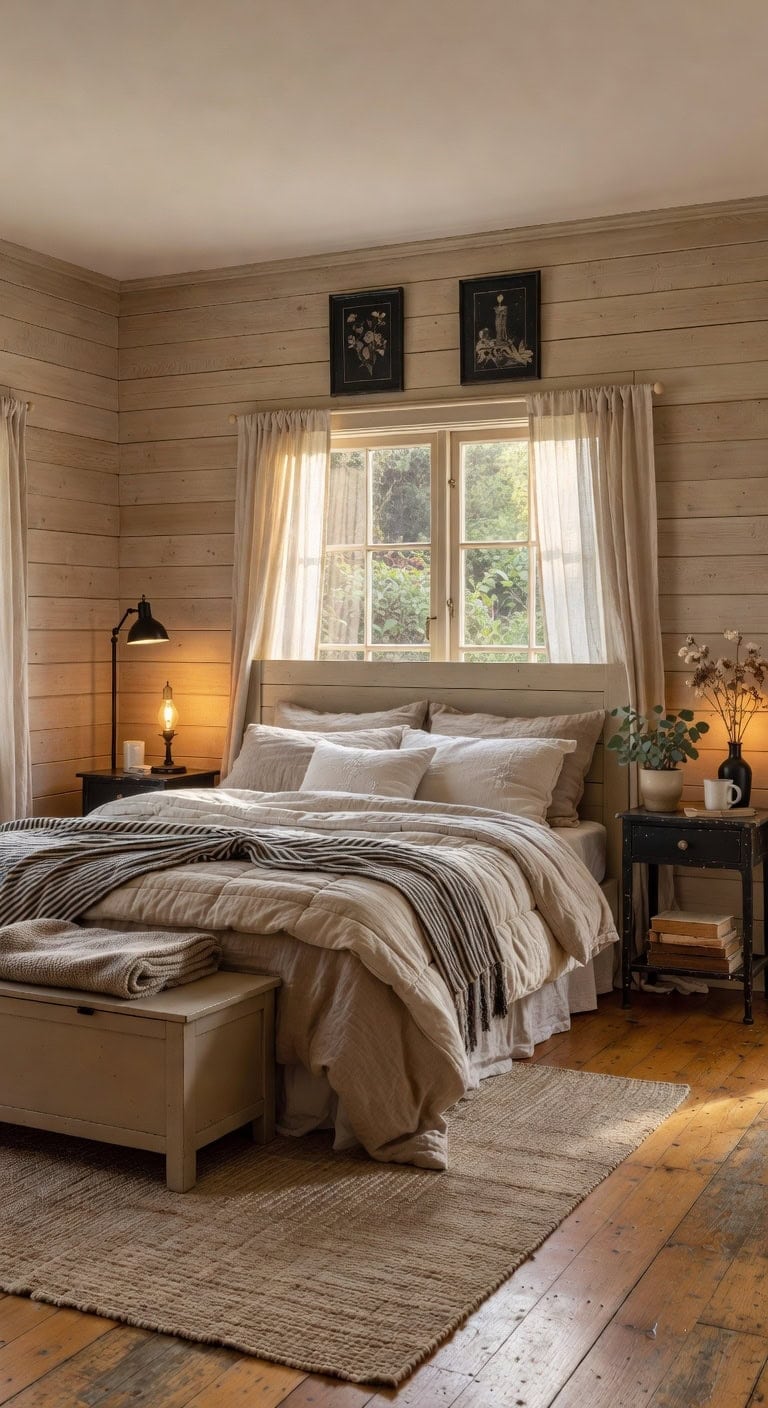 beige shiplap vintage bedroom