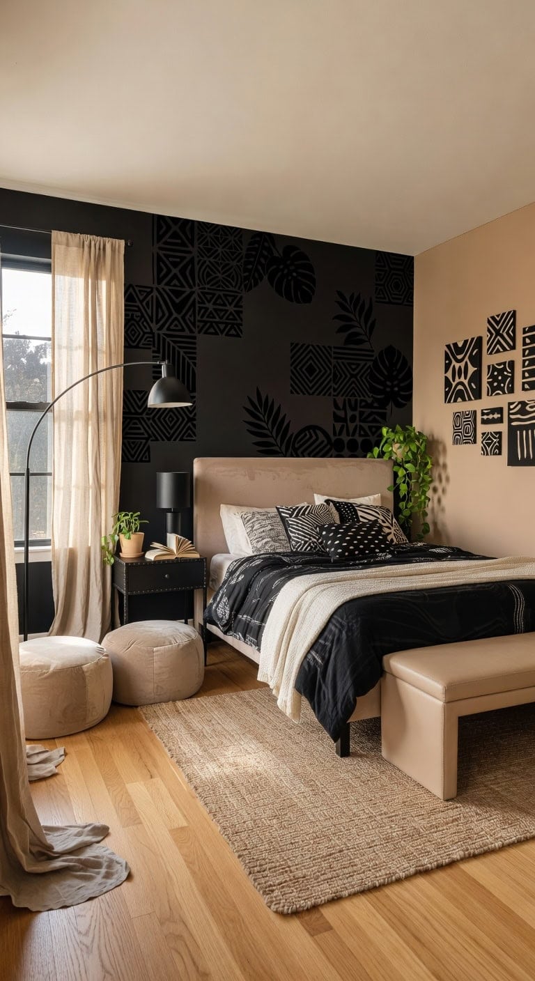beige velvet graphic bedroom