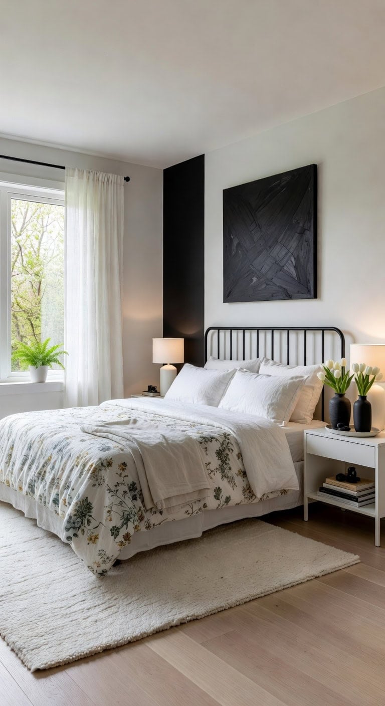 black accents white florals