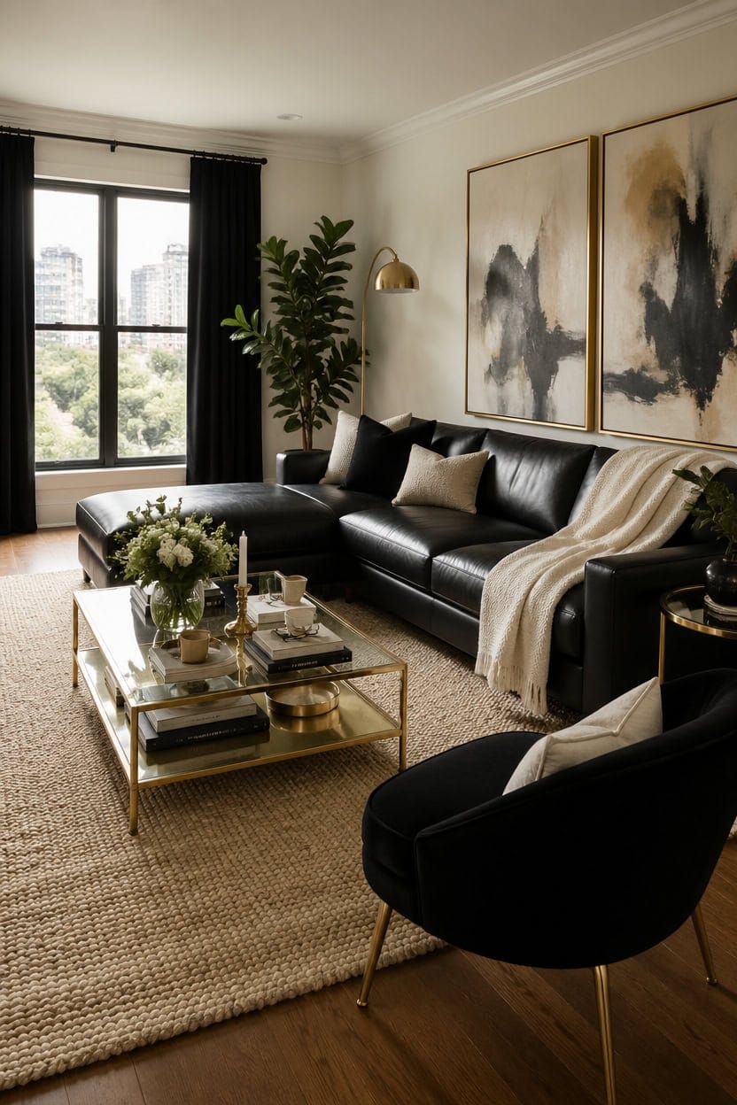 black and gold luxe living