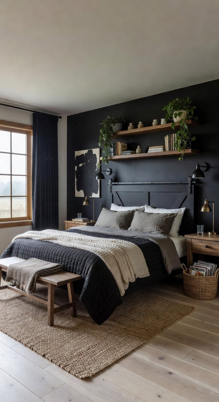 black barn door farmhouse bedroom